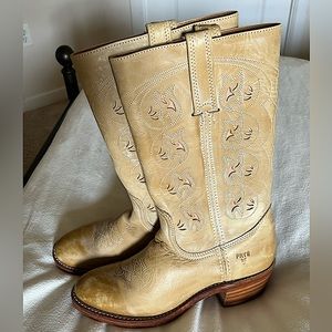 Frye Austin Western Boots 8 Round Toe Inlay Pink Tan Brown Vintage Cowboy Rodeo